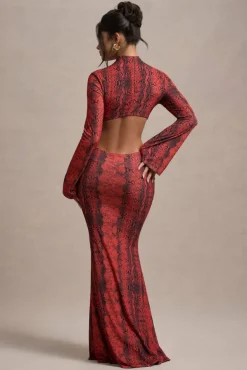 Arabia | Red Snake Print High-Neck Cut-Out Maxi Dress