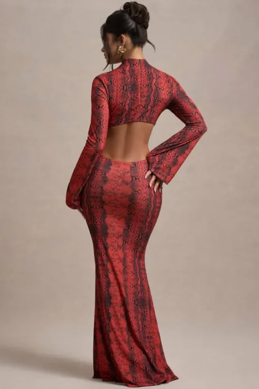 Arabia | Red Snake Print High-Neck Cut-Out Maxi Dress