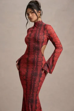 Arabia | Red Snake Print High-Neck Cut-Out Maxi Dress