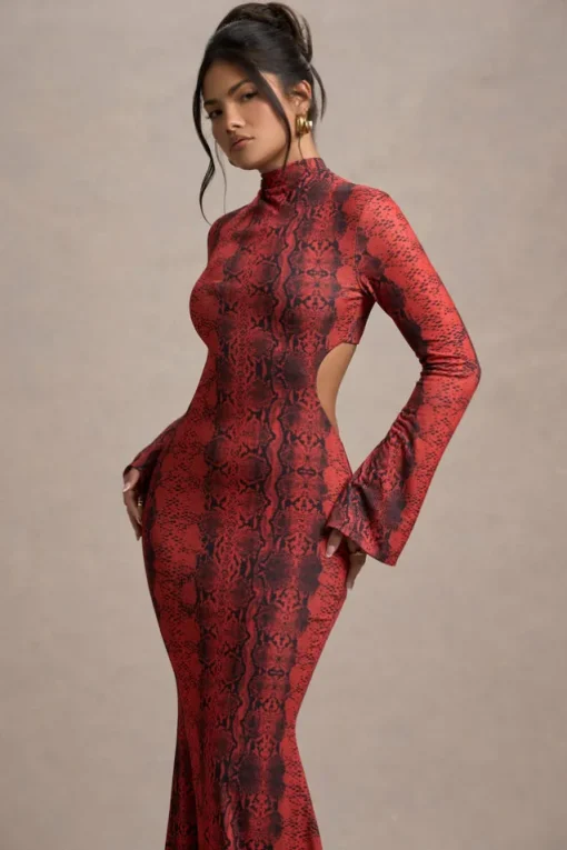 Arabia | Red Snake Print High-Neck Cut-Out Maxi Dress