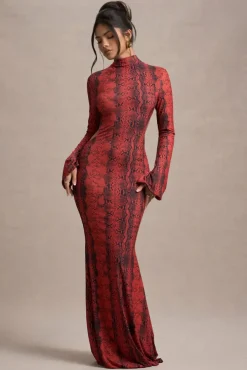 Arabia | Red Snake Print High-Neck Cut-Out Maxi Dress