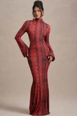 Arabia | Red Snake Print High-Neck Cut-Out Maxi Dress