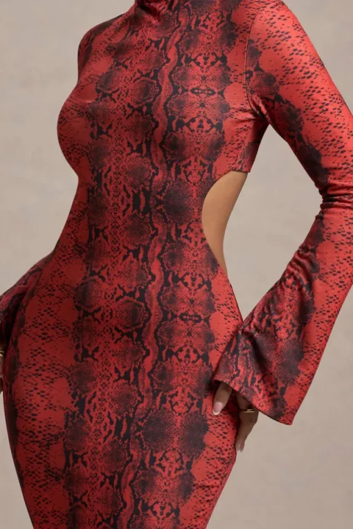 Arabia | Red Snake Print High-Neck Cut-Out Maxi Dress
