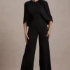 Arbor | Black Cape-Sleeve Straight-Leg Jumpsuit