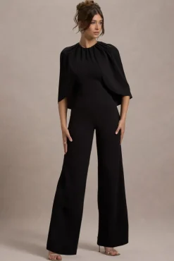 Arbor | Black Cape-Sleeve Straight-Leg Jumpsuit