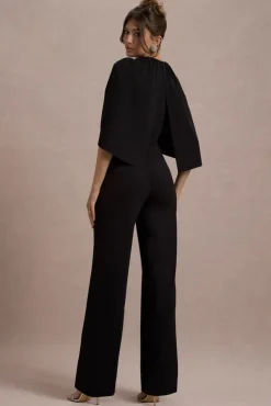 Arbor | Black Cape-Sleeve Straight-Leg Jumpsuit
