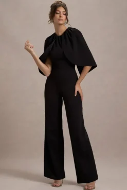 Arbor | Black Cape-Sleeve Straight-Leg Jumpsuit