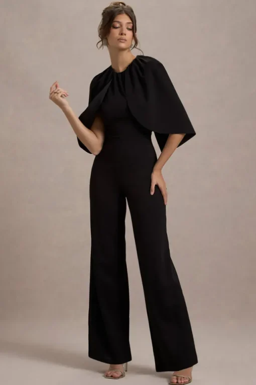 Arbor | Black Cape-Sleeve Straight-Leg Jumpsuit
