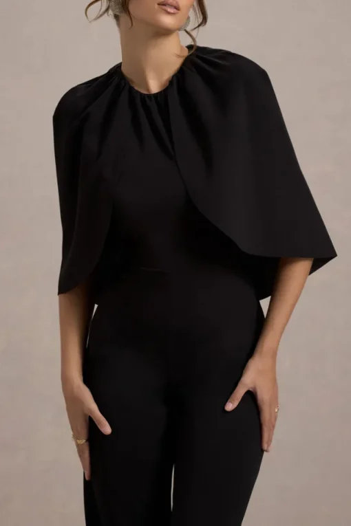 Arbor | Black Cape-Sleeve Straight-Leg Jumpsuit