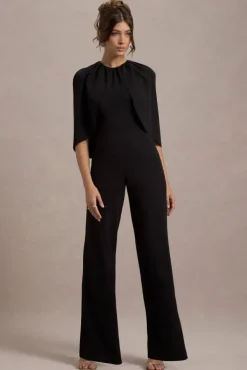 Arbor | Black Cape-Sleeve Straight-Leg Jumpsuit
