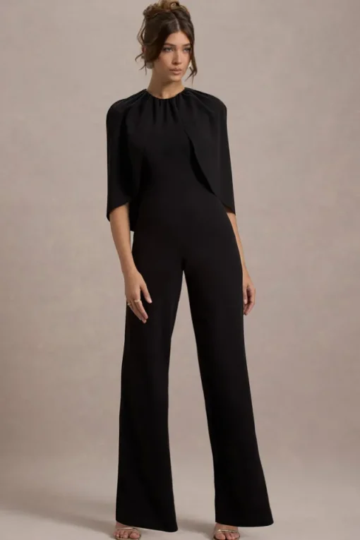Arbor | Black Cape-Sleeve Straight-Leg Jumpsuit