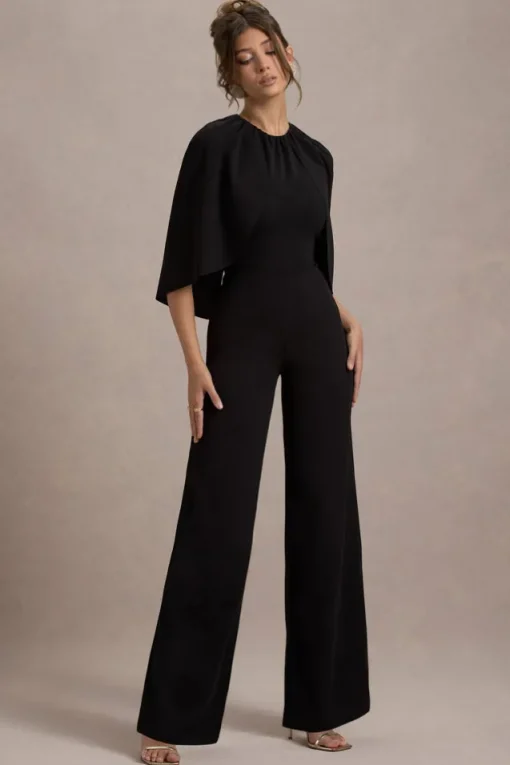 Arbor | Black Cape-Sleeve Straight-Leg Jumpsuit