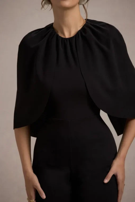 Arbor | Black Cape-Sleeve Straight-Leg Jumpsuit