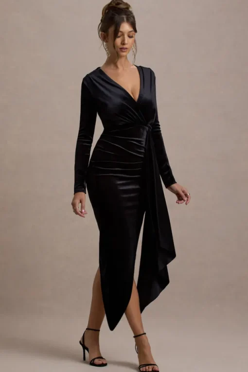 Arcadia | Black Velvet Plunge-Neck Wrap Maxi Dress