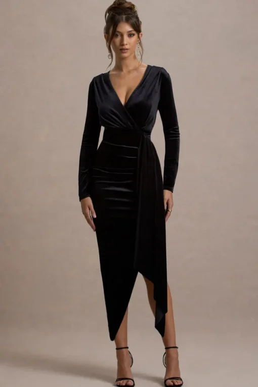 Arcadia | Black Velvet Plunge-Neck Wrap Maxi Dress