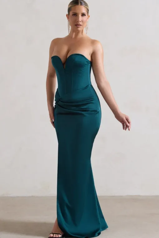 Ardelle | Dark Green Satin Corseted Wrap Maxi Dress