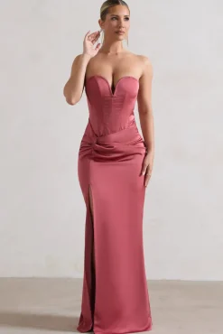 Ardelle | Rose Pink Satin Corseted Wrap Maxi Dress