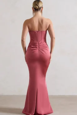 Ardelle | Rose Pink Satin Corseted Wrap Maxi Dress