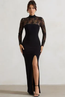 Arden | Black High-Neck Split Maxi Dress With Lace Sleeves