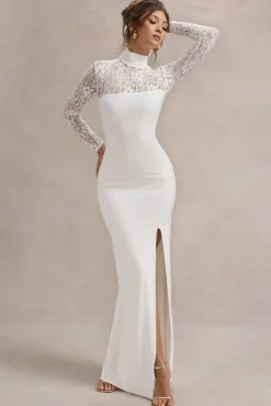 Arden | White High-Neck Split Maxi Dress With Lace Sleeves