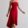 Ariela | Red Bandeau High-Low Midi Dress
