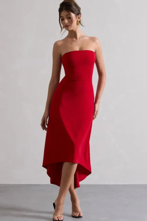 Ariela | Red Bandeau High-Low Midi Dress