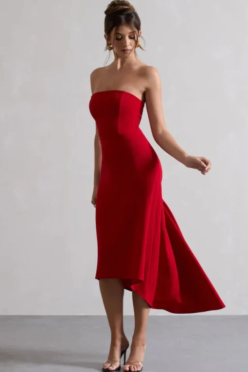 Ariela | Red Bandeau High-Low Midi Dress