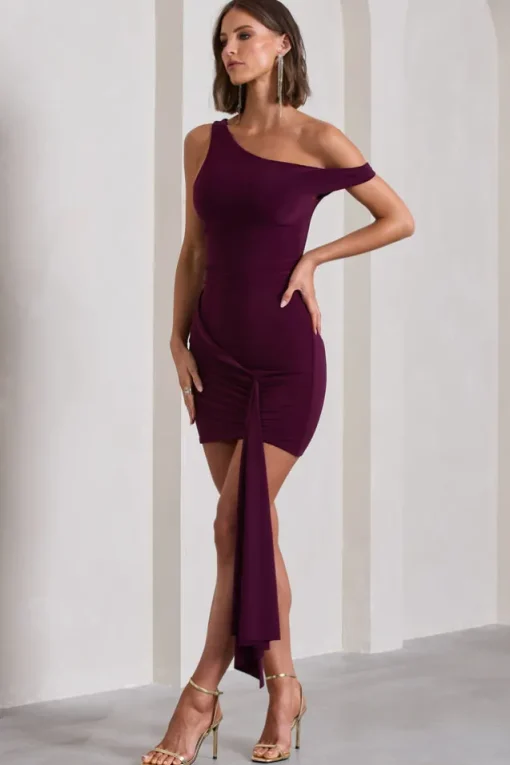Arielle | Plum Asymmetric Mini Dress With Tie Sash