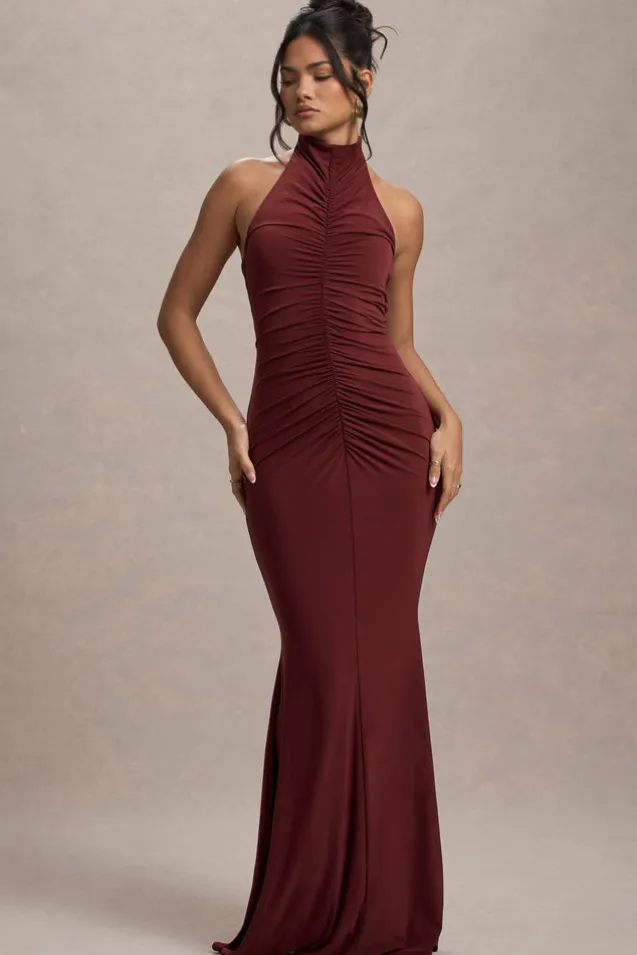 Arietta | Port High-Neck Ruched Fishtail Maxi Dress
