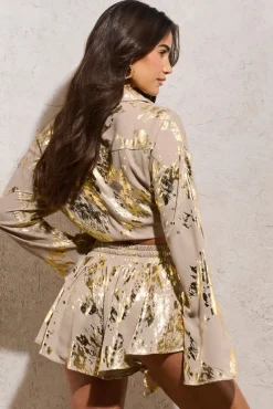Arise | Gold Metallic Flared-Sleeve Cropped Shirt