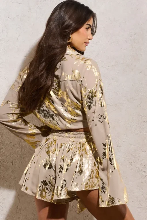 Arise | Gold Metallic Flared-Sleeve Cropped Shirt