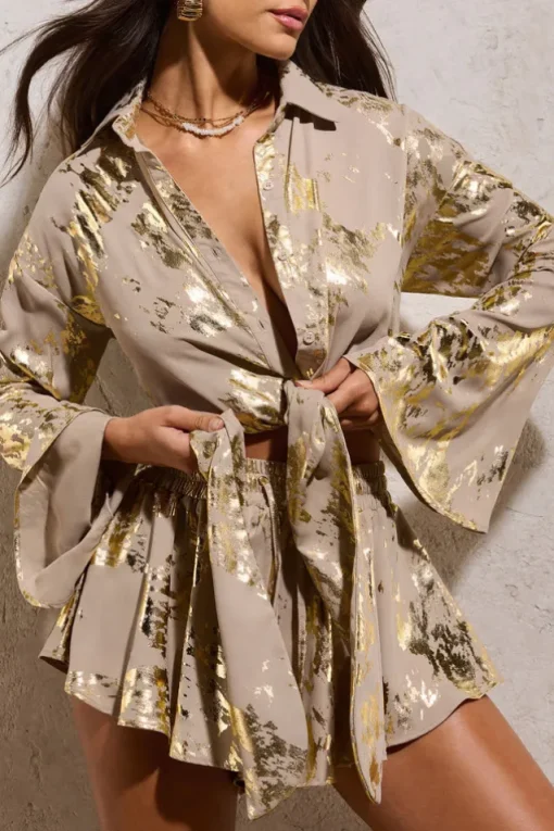 Arise | Gold Metallic Flared-Sleeve Cropped Shirt