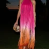 Arizona | Pink u0026 Orange Ombre Fringe High-Neck Mini Dress