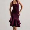 Arla | Plum Halter-Neck Ruffle Trim Midi Dress