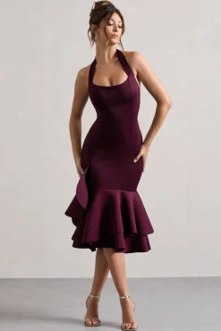 Arla | Plum Halter-Neck Ruffle Trim Midi Dress