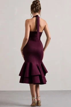Arla | Plum Halter-Neck Ruffle Trim Midi Dress