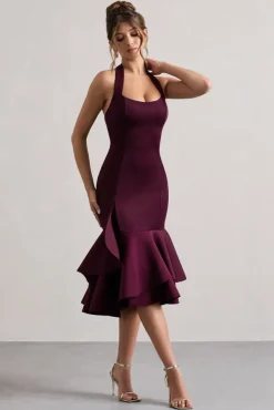 Arla | Plum Halter-Neck Ruffle Trim Midi Dress