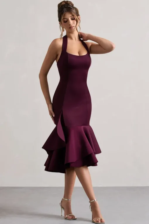 Arla | Plum Halter-Neck Ruffle Trim Midi Dress