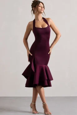 Arla | Plum Halter-Neck Ruffle Trim Midi Dress