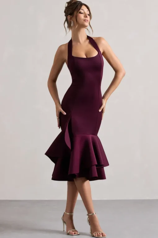 Arla | Plum Halter-Neck Ruffle Trim Midi Dress