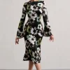 Arlitta | Black Floral Print Satin Long-Sleeve Midi Dress