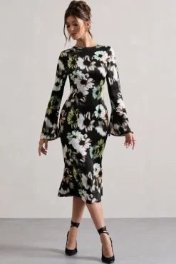 Arlitta | Black Floral Print Satin Long-Sleeve Midi Dress