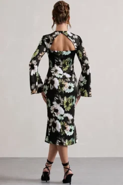Arlitta | Black Floral Print Satin Long-Sleeve Midi Dress