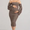 Aroma | Brown Ruched Mesh Maternity Midi Dress With Ruffled Sleeves