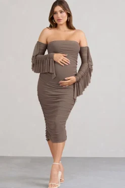 Aroma | Brown Ruched Mesh Maternity Midi Dress With Ruffled Sleeves