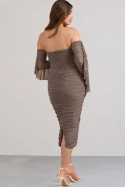 Aroma | Brown Ruched Mesh Maternity Midi Dress With Ruffled Sleeves