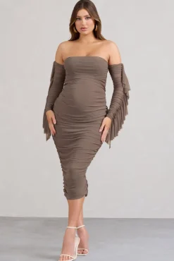 Aroma | Brown Ruched Mesh Maternity Midi Dress With Ruffled Sleeves