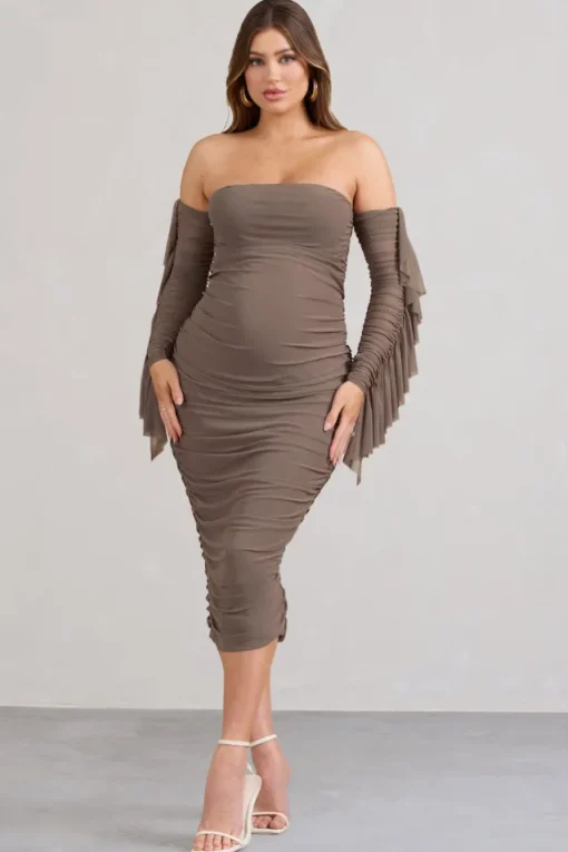 Aroma | Brown Ruched Mesh Maternity Midi Dress With Ruffled Sleeves