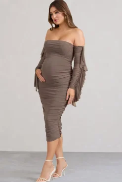 Aroma | Brown Ruched Mesh Maternity Midi Dress With Ruffled Sleeves