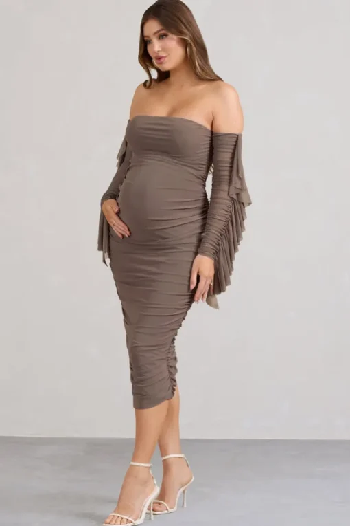 Aroma | Brown Ruched Mesh Maternity Midi Dress With Ruffled Sleeves